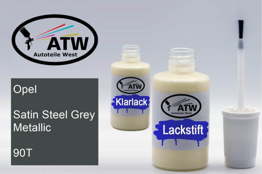 Opel, Satin Steel Grey Metallic, 90T: 20ml Lackstift + 20ml Klarlack - Set, von ATW Autoteile West.